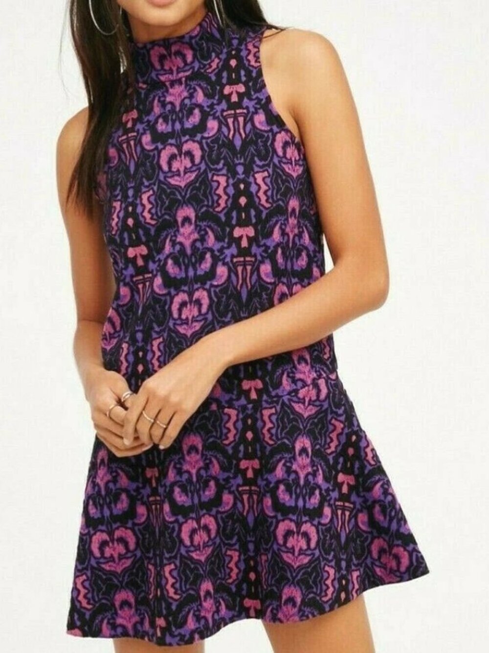 Free People Amelia Purple Pink Black A-Line Sleeveless Swing Dress Small